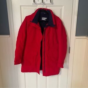 LANDS END Nylon Fleece Lined Hooded Waterproof Parka Jacket Red Size XS Hooded